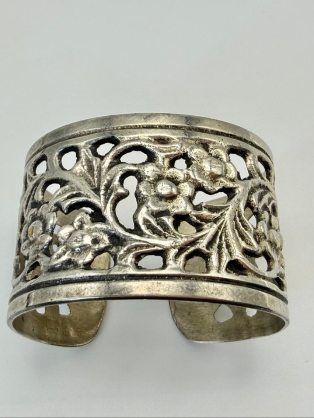 Vintage Indian Silver Wide Cuff Bracelet Floral Pierced Openwork Tribal Ethnic